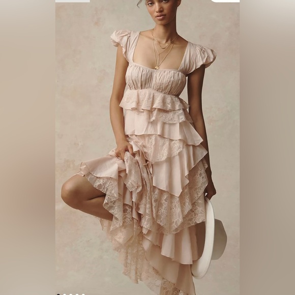 Anthropologie Dresses & Skirts - Anthropologie Square Neck Cap Sleeves Ruffle Lace Midi Dress Size Medium